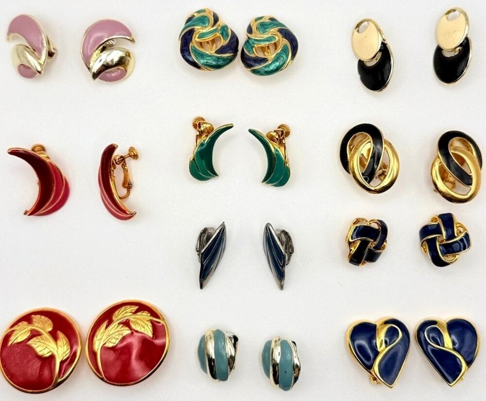 Lot of 11 Vintage Mid Century Enamel Gold Tone Clip On Earrings Multi Color